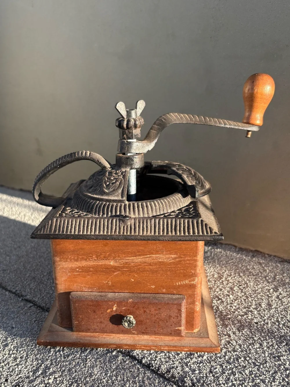 Vintage Wooden hand crank coffee grinder cast iron Rustic farmhouse decor